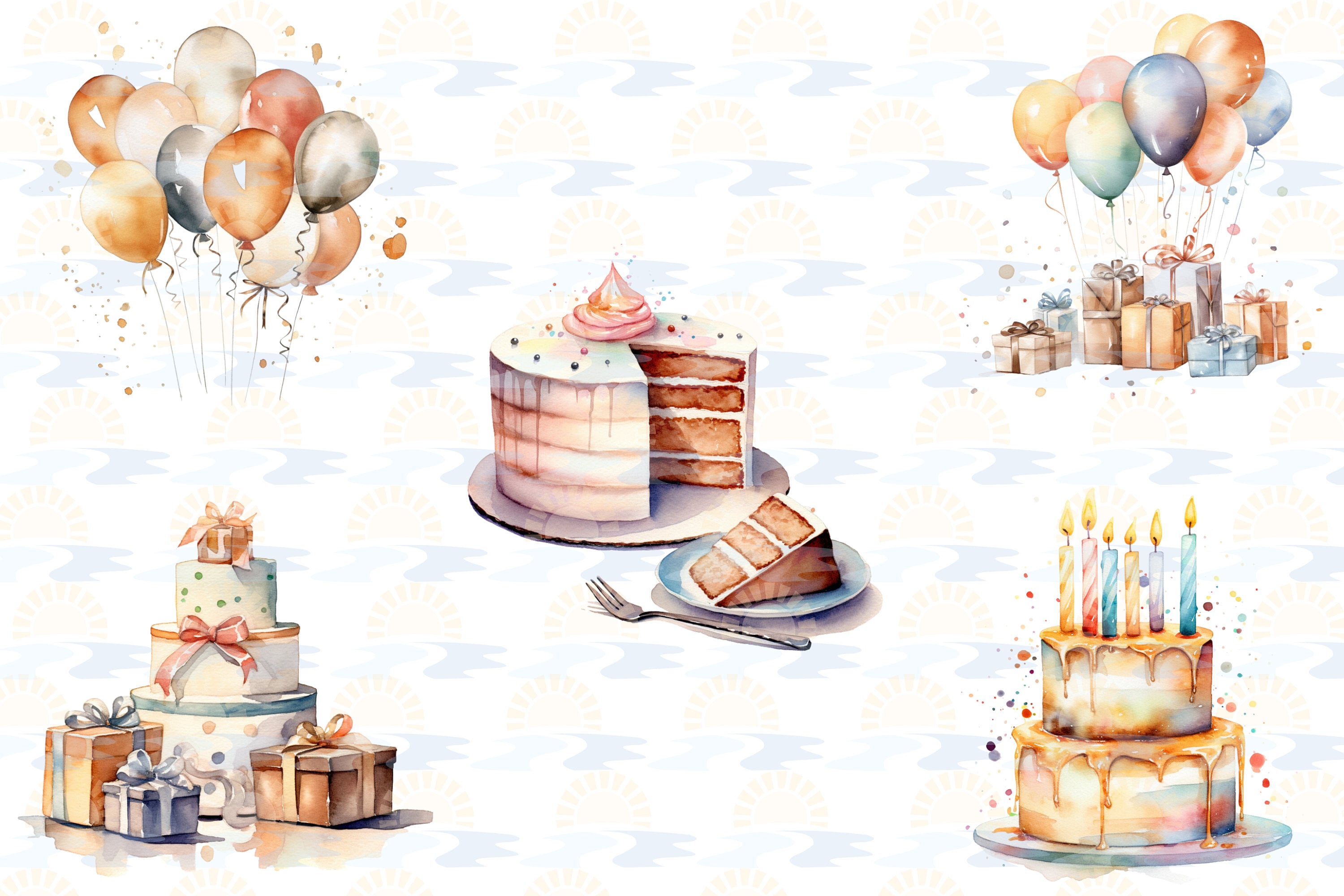 Watercolor Birthday Party Cake Present Balloons Clipart Bundle of 20 ...