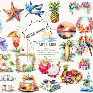 Watercolor Tropical Hawaiian Beach & Birthday Clipart Mega Bundle of 100 Transparent Background Digital Download PNG Graphics Commercial Use