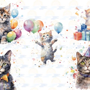 Watercolor Cat Birthday Party Balloon Cake Presents Clipart Bundle of 20 Transparent Background Digital Download PNG Graphics Commercial Use image 4