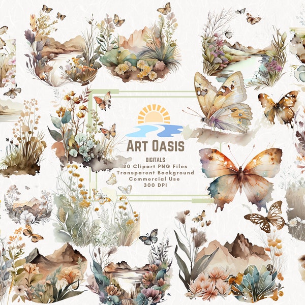 Neutral Watercolor Butterfly Floral Landscape Clipart Bundle of 20 - Transparent Background Digital Download PNG Graphics - Commercial Use