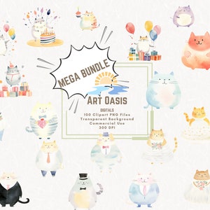 Cartoon Pastel Fat Cats Birthday Wedding Clipart Mega Bundle of 100 - Transparent Background Digital Download PNG Graphics - Commercial Use