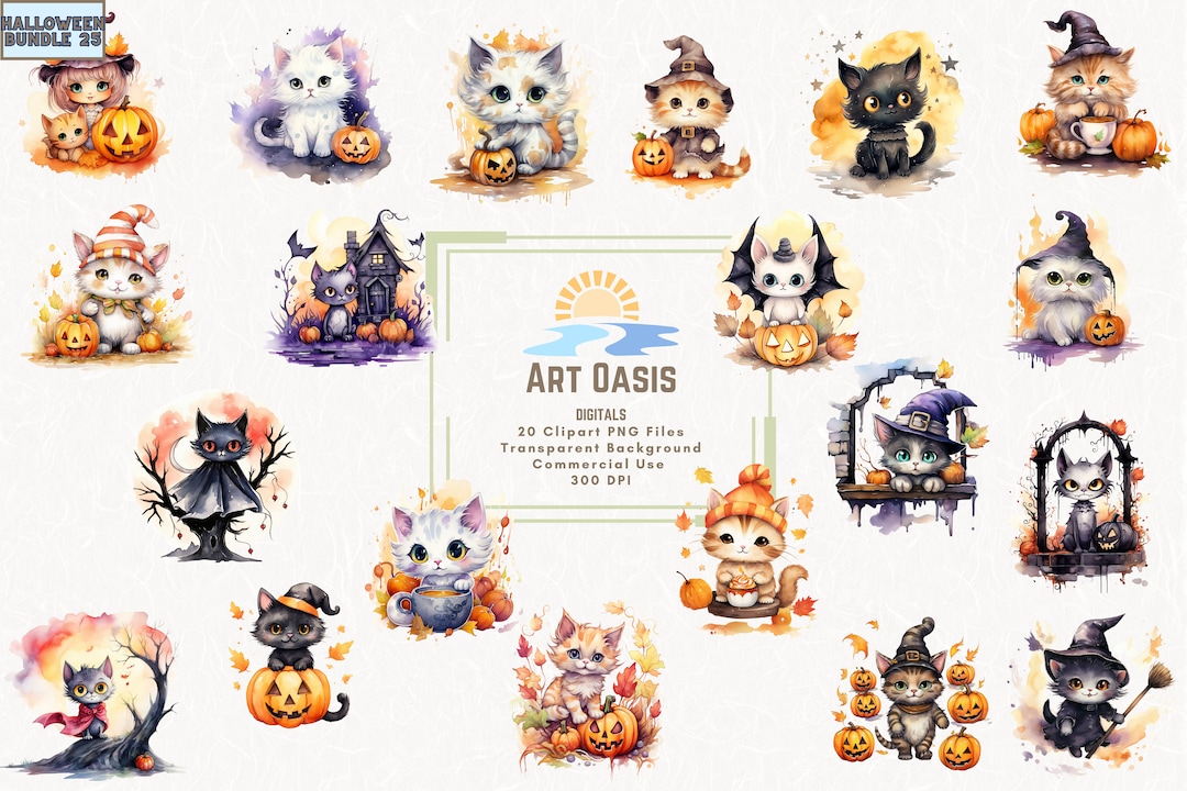 Watercolor Halloween Cat Clipart – Spooky Pumpkin PNG Bundle (digital ...