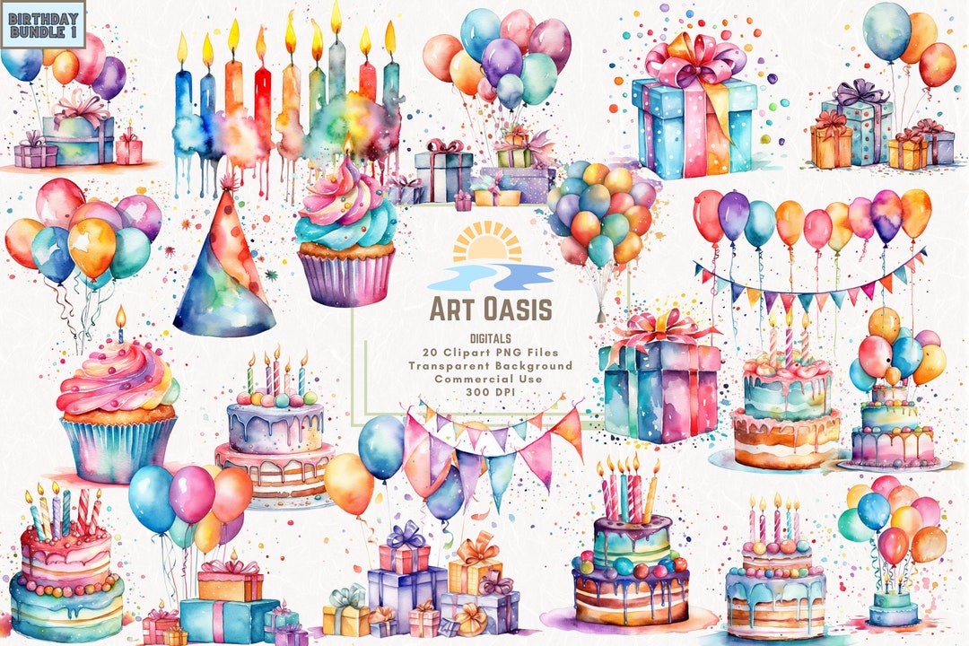 Watercolor Birthday Party Clipart – Cake, Balloons, Presents (PNG ...