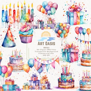 Aquarell Geburtstagsparty Kuchen vorhanden Luftballons Clipart Bundle von 20 - transparenter Hintergrund digitaler Download PNG Grafiken - kommerzielle Nutzung