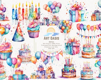 Lot de 20 cliparts aquarelle de gâteau de fête d&#39;anniversaire cadeau ballons - arrière-plan transparent téléchargement numérique PNG graphiques - usage commercial
