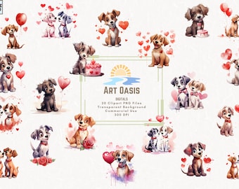 Valentines Day Cartoon Dogs Watercolor Red Hearts Clipart Bundle of 20 - Transparent Background Digital Download PNG Graphics Commercial Use