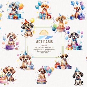 Cartoon Hund Geburtstagsgeschenke Luftballons Aquarell Clipart Bundle von 20 - transparenter Hintergrund Digital Download PNG Grafiken Kommerzielle Nutzung