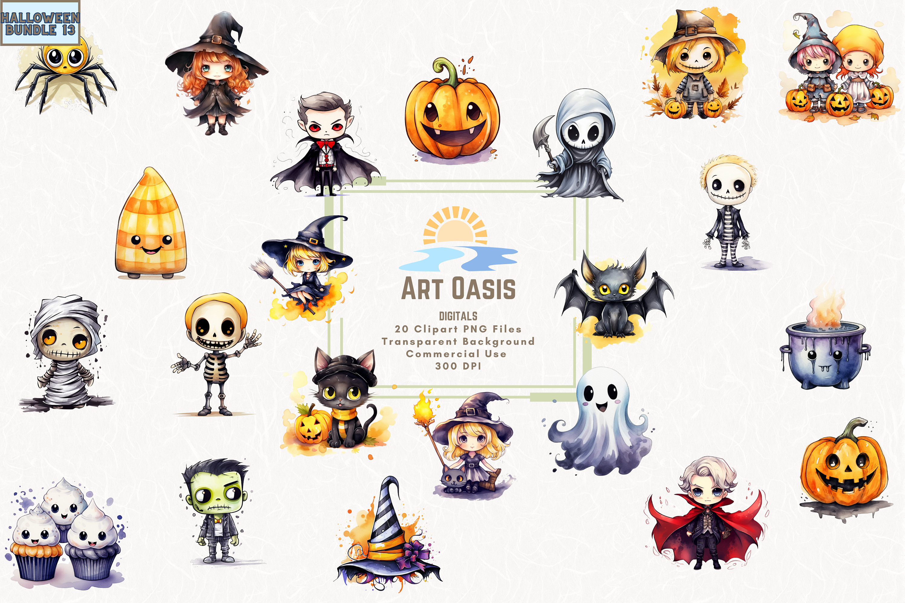 Watercolor Halloween Cute Witch Skeleton Bat Clipart Bundle of 20 - Transparent Background Digital Download PNG Graphics - Commercial Use