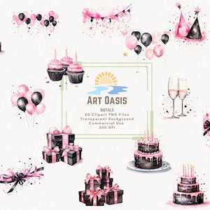 Convite de festa de aniversário em aquarela preto e rosa Pacote de clipart com 20 fundos transparentes Download digital de gráficos PNG para uso comercial
