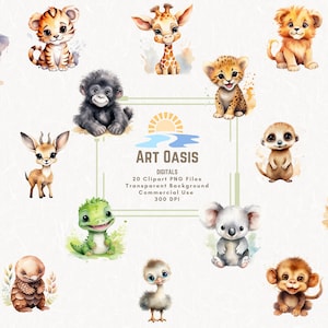 Watercolor Jungle Safari Cute Animals Baby Nursery Clipart Bundle of 20 Transparent Background Digital Download PNG Graphics Commercial Use