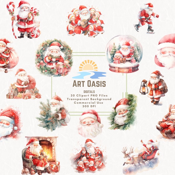 Watercolor Santa Claus Christmas Winter Holiday Clipart Bundle of 20 - Transparent Background Digital Download PNG Graphics - Commercial Use