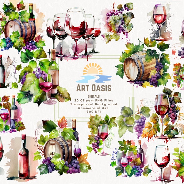 Watercolor Red Wine Clipart Bundle of 20 - Transparent Background - Digital Download PNG Graphics - Wine Barrel Celebration Commercial Use