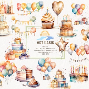Aquarela Festa de Aniversário Bolo Presente Balões Clipart Pacote de 20 - Fundo Transparente Download Digital Gráficos PNG - Uso Comercial
