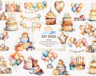 Lot de 20 cliparts aquarelle de gâteau de fête d&#39;anniversaire cadeau ballons - arrière-plan transparent téléchargement numérique PNG graphiques - usage commercial