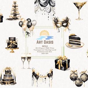 Aquarell Gatsby Party Schwarz Gold Silber Clipart Bundle von 20 - Transparenter Hintergrund Digital Download PNG Grafiken - Kommerzielle Nutzung