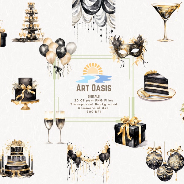 Watercolor Gatsby Party Black Gold Silver Clipart Bundle of 20 - Transparent Background Digital Download PNG Graphics - Commercial Use