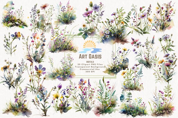 Watercolor Wildflower Clipart – Floral Landscape PNG Bundle (Digital Download)