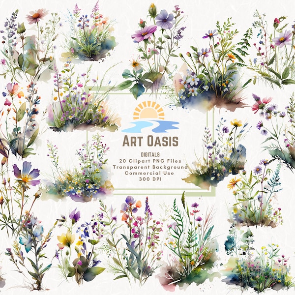 Watercolor Wildflower Floral Flower Landscape Clipart Bundle of 20 - Transparent Background Digital Download PNG Graphics - Commercial Use