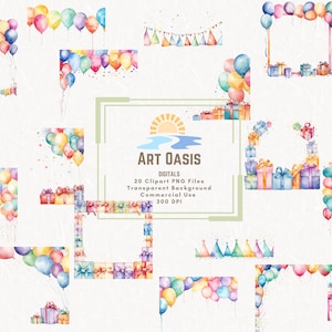 Watercolor Pastel Birthday Party Borders Frames Clipart Bundle of 20 - Transparent Background Digital Download PNG Graphics - Commercial Use