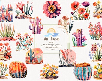 20 Watercolor Western Terracotta Retro 90s Boho Clipart Bundle Flower Cactus Sublimation Transparent Background Digital Download PNG Graphic