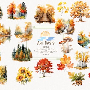 Watercolor Fall Leaves Trees Autumn Landscape Clipart Bundle of 20 - Transparent Background Digital Download PNG Graphics - Commercial Use
