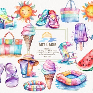 Lot de 20 cliparts aquarelle coloré d'été crème glacée fruits boissons fond Transparent téléchargement numérique PNG graphiques - usage commercial