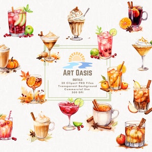 Aquarel herfst cocktail drankjes Pumpkin Spice clipart bundel van 20 - transparante achtergrond digitale download png-afbeeldingen - commercieel gebruik