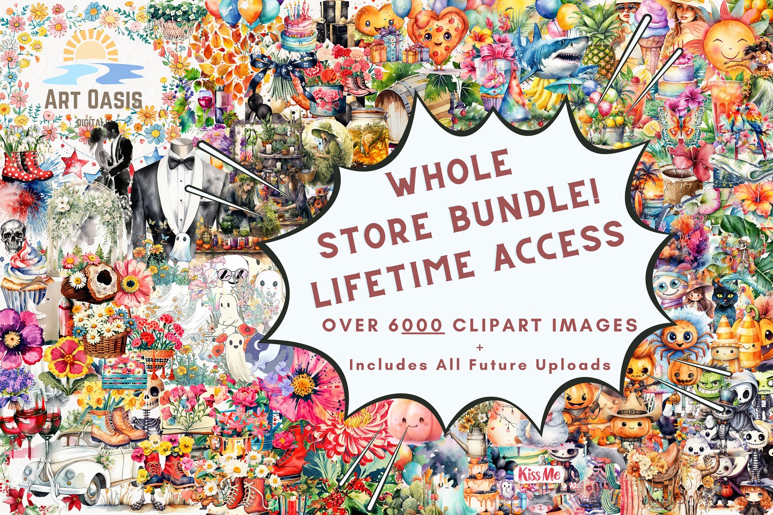 Watercolor Clipart Bundles Lifetime Full Store Access Bonus Wall Art ...