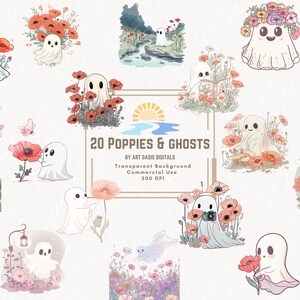 Lot de 20 cliparts fleurs et fantômes de pavot, fleur du mois d'anniversaire, lot de cliparts aquarelle, fleur fantôme des cliparts en téléchargement numérique des coquelicots