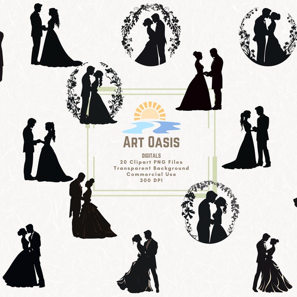 Wedding Silhouettes Clipart Bundle of 20 - Bride and Groom PNG - Transparent Background Digital Download PNG Graphics - Commercial Use