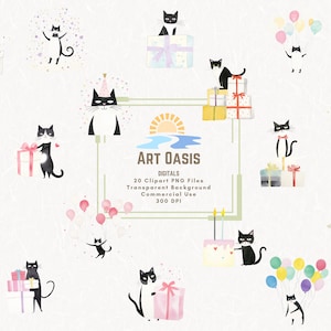 Cartoon verjaardag smoking katten aquarel taart presenteert ballonnen leuke clipartbundel van 20 transparante achtergrond digitale download, png-bestand