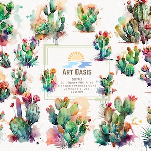 Lot de 20 cliparts aquarelle cactus - fond Transparent - téléchargement numérique PNG - Cactus coloré occidental - usage Commercial