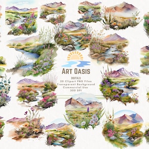 Watercolor Wildflower Floral Mountain Landscape Clipart Bundle of 20 - Transparent Background Digital Download PNG Graphics - Commercial Use