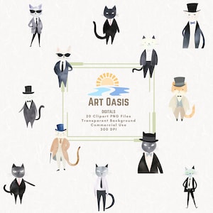 Cartoon Formal Cats in Suits Watercolor Business Fancy Tuxedo Cat Tuxedo Clipart Bundle of 20 Transparent Background Digital Download PNG