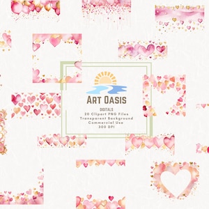 Valentinstag Pink und Gold Herz Border Rahmen Aquarell Clipart Bundle von 20 transparenten Hintergrund Digital Download PNG Grafiken