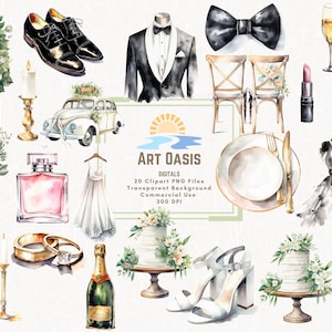 Lot de 20 cliparts aquarelle de bague d'invitation de célébration de mariage - fond transparent, téléchargement numérique, graphiques PNG - usage commercial