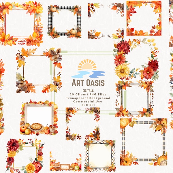 Watercolor Fall Borders Leaves Pumpkins Flowers Clipart Bundle of 20 - Transparent Background Digital Download PNG Graphics - Commercial Use