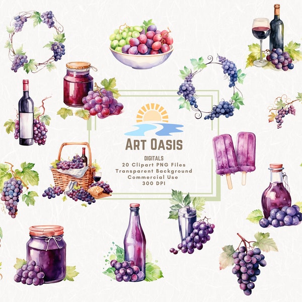 Watercolor Grape Fruit Wine Juice Branch Clipart Bundle of 20 - Transparent Background Digital Download PNG Graphics - Commercial Use