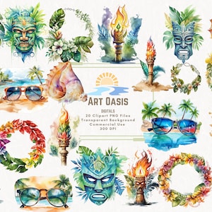 Watercolor Tropical Flower Frame Seashells Tiki Clipart Bundle of 20 - Transparent Background Digital Download PNG Graphics - Commercial Use