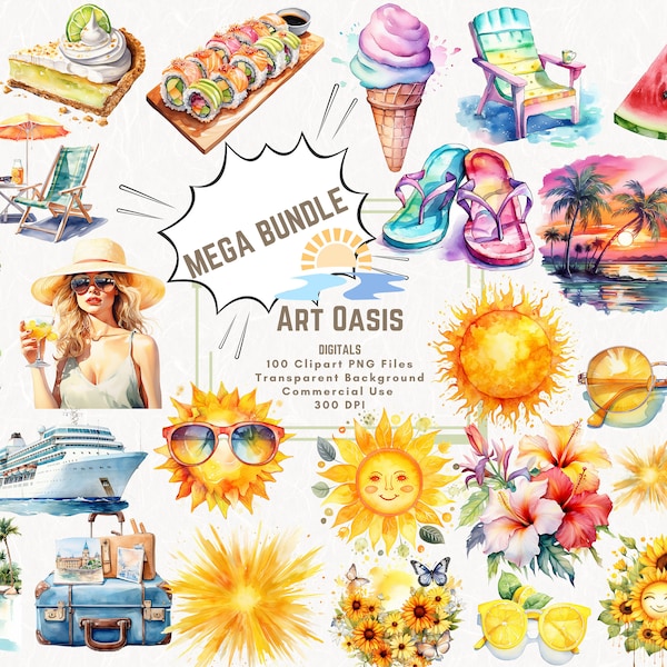 Watercolor Summer Sun Tropical Food Drink Clipart Mega Bundle of 100 - Transparent Background Digital Download PNG Graphics - Commercial Use