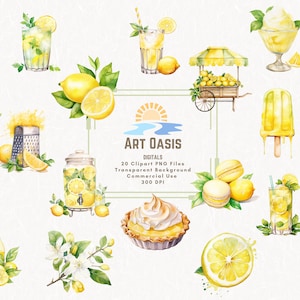 Watercolor Lemon Fruit Lemonade Cart Tree Clipart Bundle of 20 - Transparent Background Digital Download PNG Graphics - Commercial Use