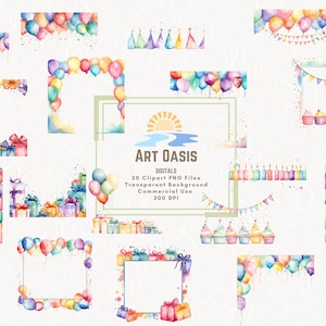 Aquarell Pastell Geburtstag Party Grenzen Rahmen Clipart Bundle von 20 - Transparenter Hintergrund Digital Download PNG Grafiken - Kommerzielle Nutzung