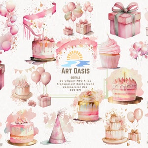 Aquarell rosa Baby-Mädchen-Geburtstags-Party Luftballons Clipart Bundle von 20 transparenten Hintergrund Digital Download PNG Grafiken Kommerzielle Nutzung