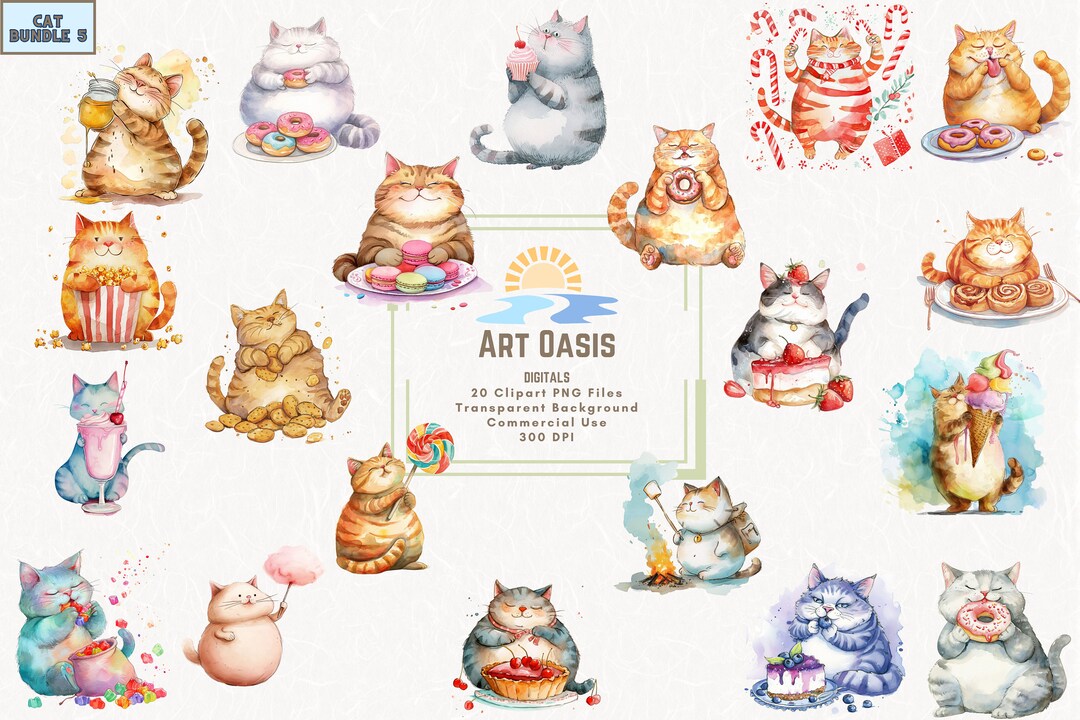 Cartoon Fat Cats With Sweets Watercolor Cat Cake Donuts Drink Dessert ...