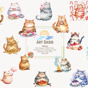Cartoon Fat Cats with Sweets Watercolor Cat Cake Donuts Drink Dessert Clipart Bundle of 20 Transparent Digital Download PNG Graphics