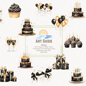 Pacchetto di clipart di invito alla festa di compleanno dell'acquerello nero e oro di 20 sfondo trasparente Download digitale grafica PNG per uso commerciale