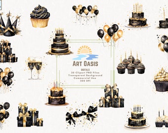 Black and Gold Watercolor Birthday Party Invitation Clipart Bundle of 20 Transparent Background Digital Download PNG Graphics Commercial Use