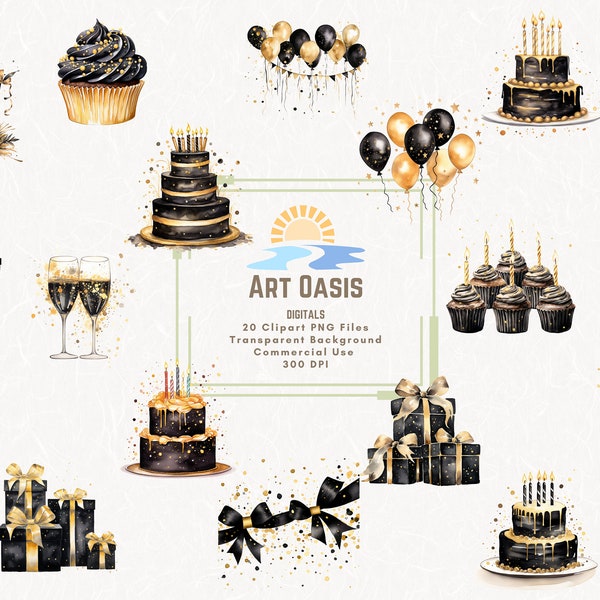 Black and Gold Watercolor Birthday Party Invitation Clipart Bundle of 20 Transparent Background Digital Download PNG Graphics Commercial Use