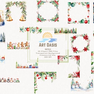 Aquarel kerst winter grenslijst krans clipart bundel van 20 transparante achtergrond digitale download png-afbeeldingen - commercieel gebruik