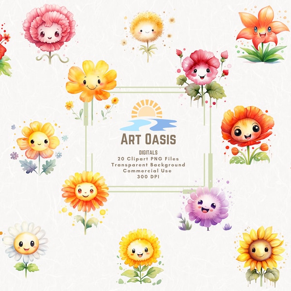 Watercolor Cute Colorful Cartoon Flowers Floral Clipart Bundle of 20 - Transparent Background Digital Download PNG Graphics - Commercial Use